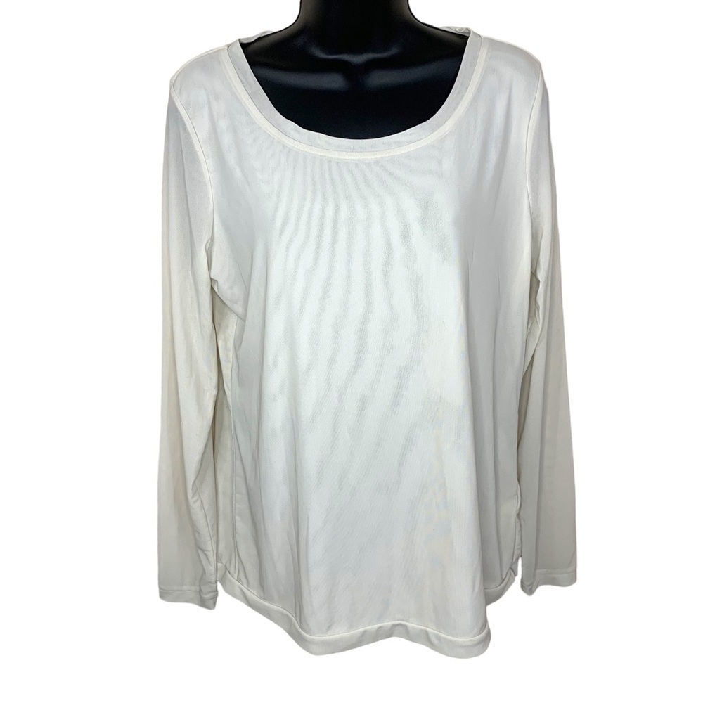 Tribal Beige Mesh Semi Sheer Long Sleeve Top Large Stretch Fitted Scoop Neckline